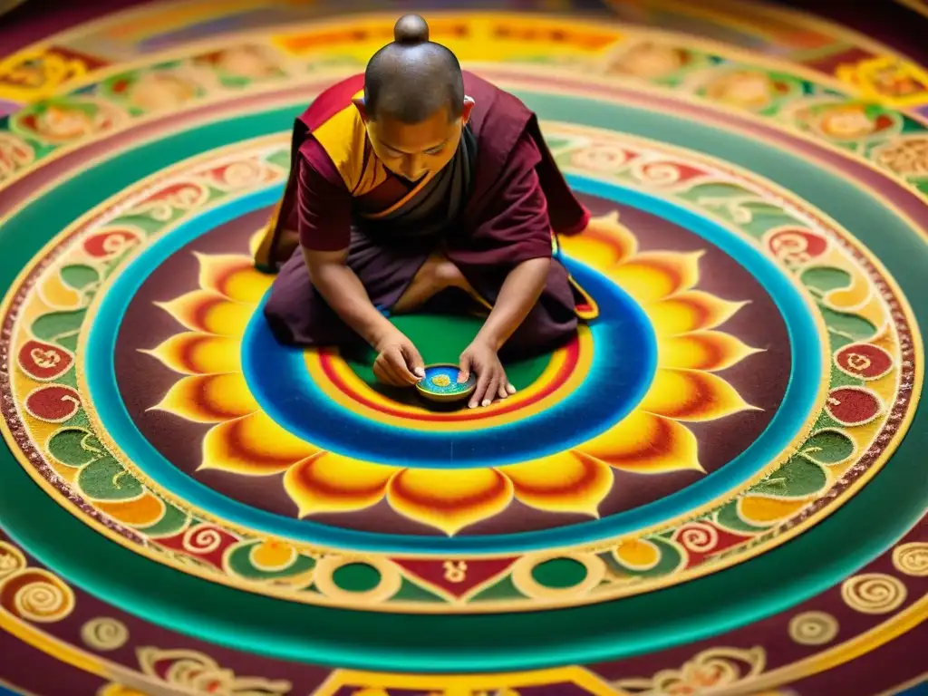 Monjes crean mandala tibetano en monasterio vibrante, con patrones intrincados y colores vivos