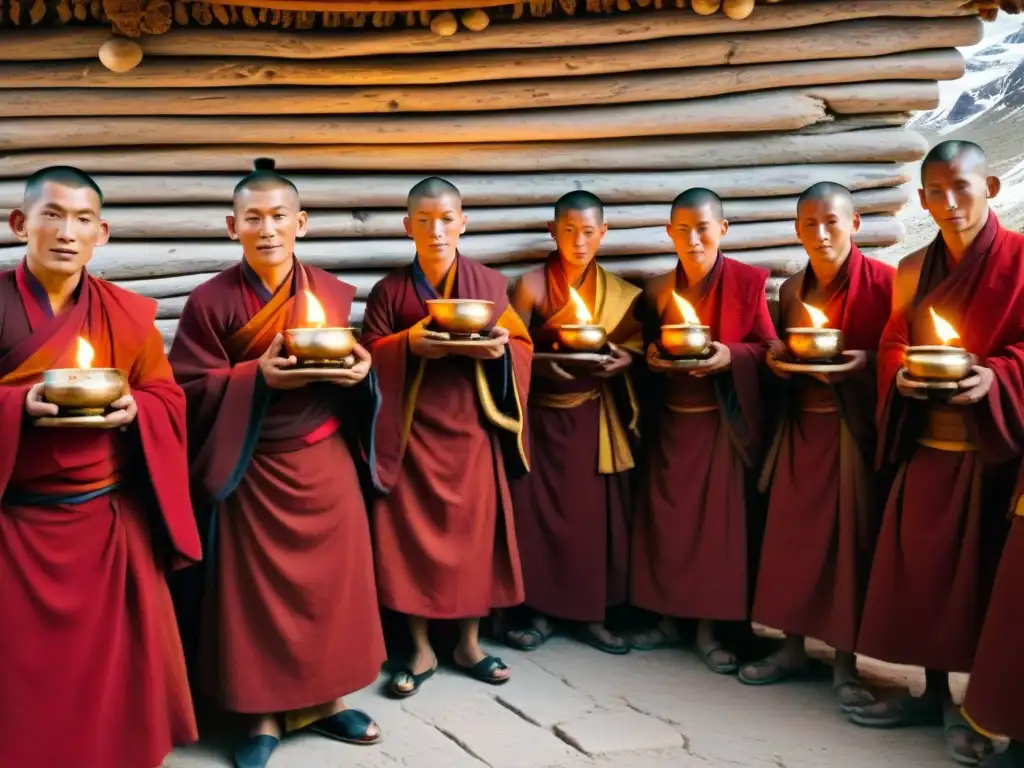 Monjes tibetanos en ritual secreto en el Monte Kailash, rodeados de lámparas de mantequilla y símbolos antiguos