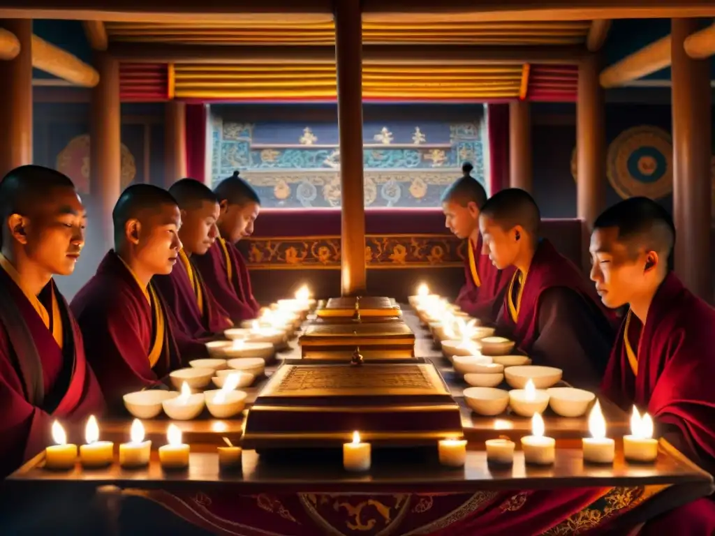 Monjes tibetanos en templo sagrado, símbolos antiguas civilizaciones manipulaban energía