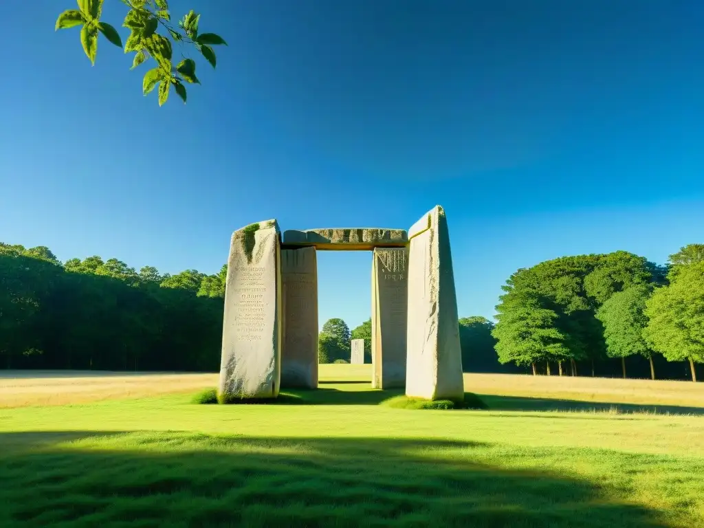 Monumento en campo remoto: Georgia Guidestones con inscripciones antiguas en piedras masivas