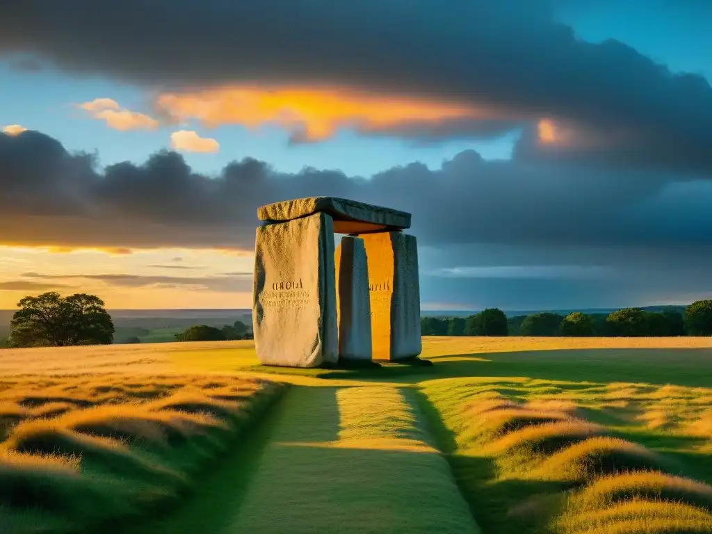 Monumento enigmático de las Georgia Guidestones al atardecer