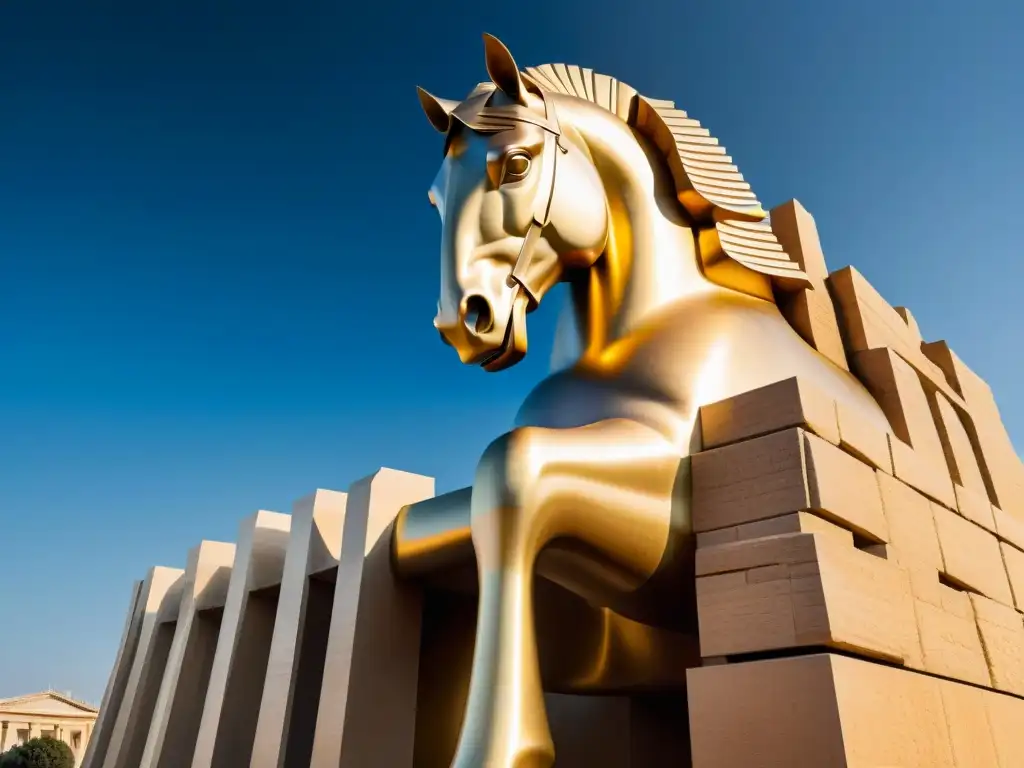 Monumento equino inspirado en el caballo de Troya, fusionando historia y modernidad