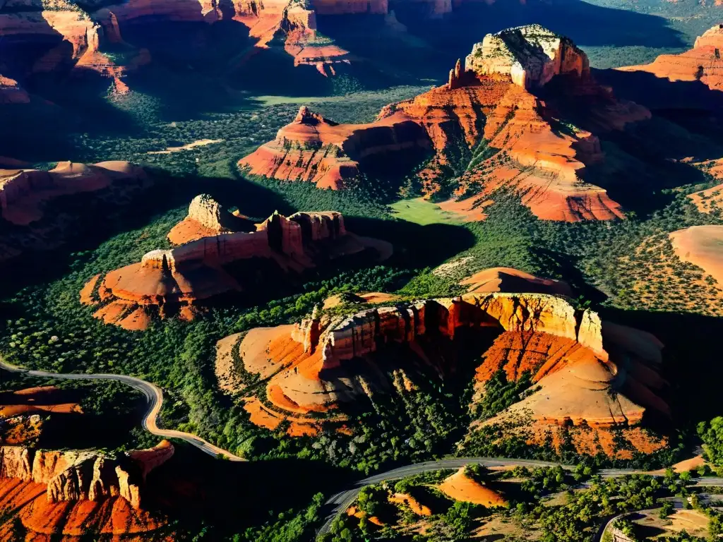 Un mosaico de vórtices energéticos Sedona misterios, rocas rojas y exuberante vegetación en una atmósfera mística