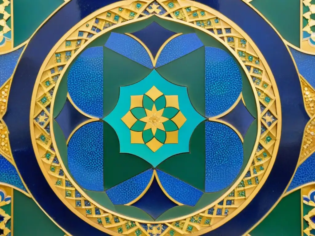 Mosaico intrincado en tonos de azul, verde y oro, representando un patrón geométrico en una mezquita sufí histórica