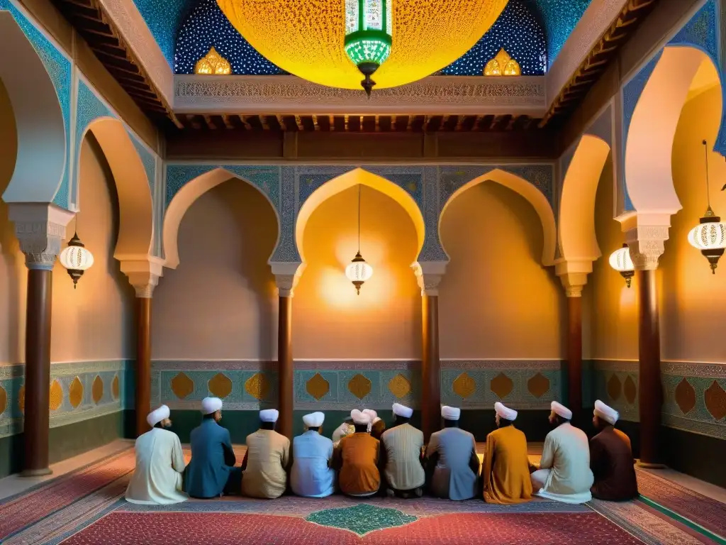 Un mosaico de una reunión Sufi en una mezquita, con intercambio intelectual y espiritual