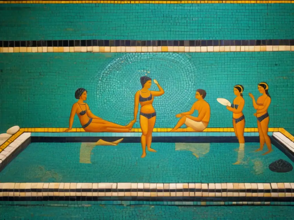 Exquisita mosaico romano de baños termales Mosaico romano de baño comunal: gente disfrutando de terapias antiguas para beneficios de salud y espíritu