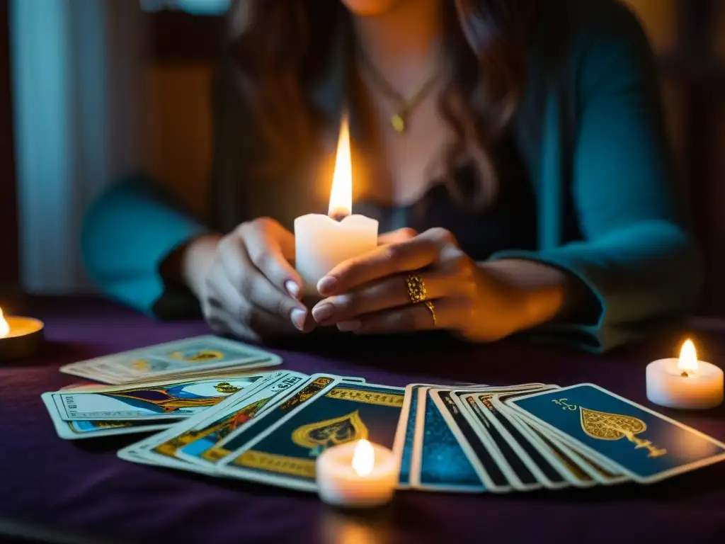 Mujer concentrada en lectura de Tarot, iluminada por velas