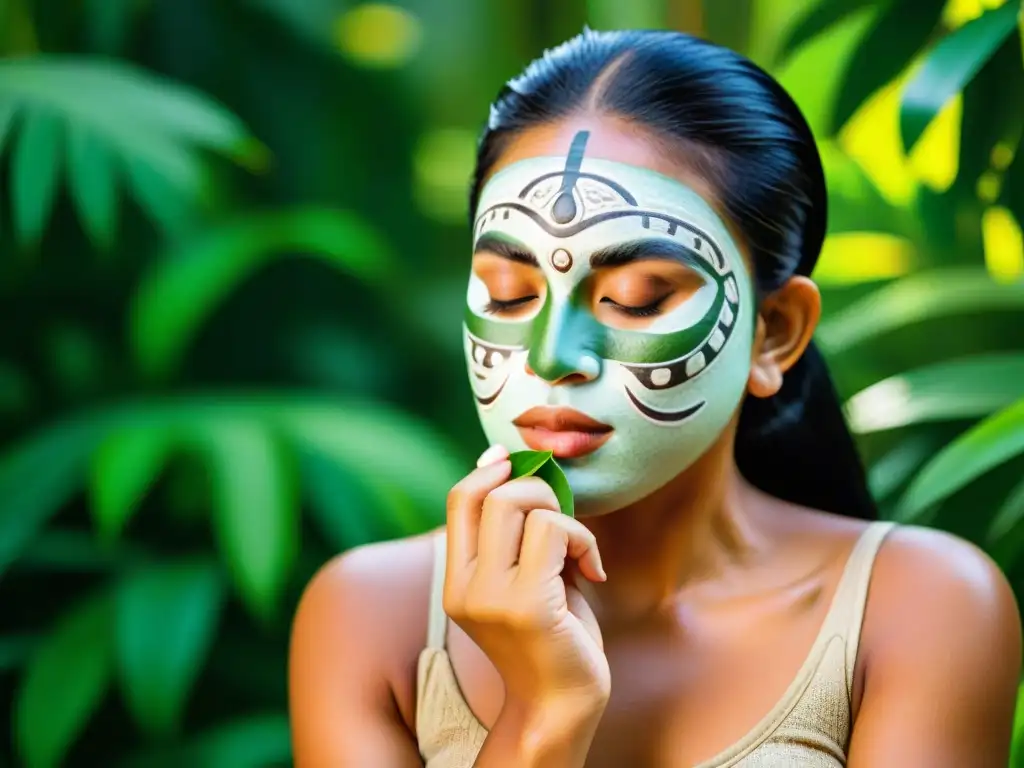 Una mujer maya antigua aplicando mascarilla natural en la selva tropical, resaltando la historia de las mascarillas naturales