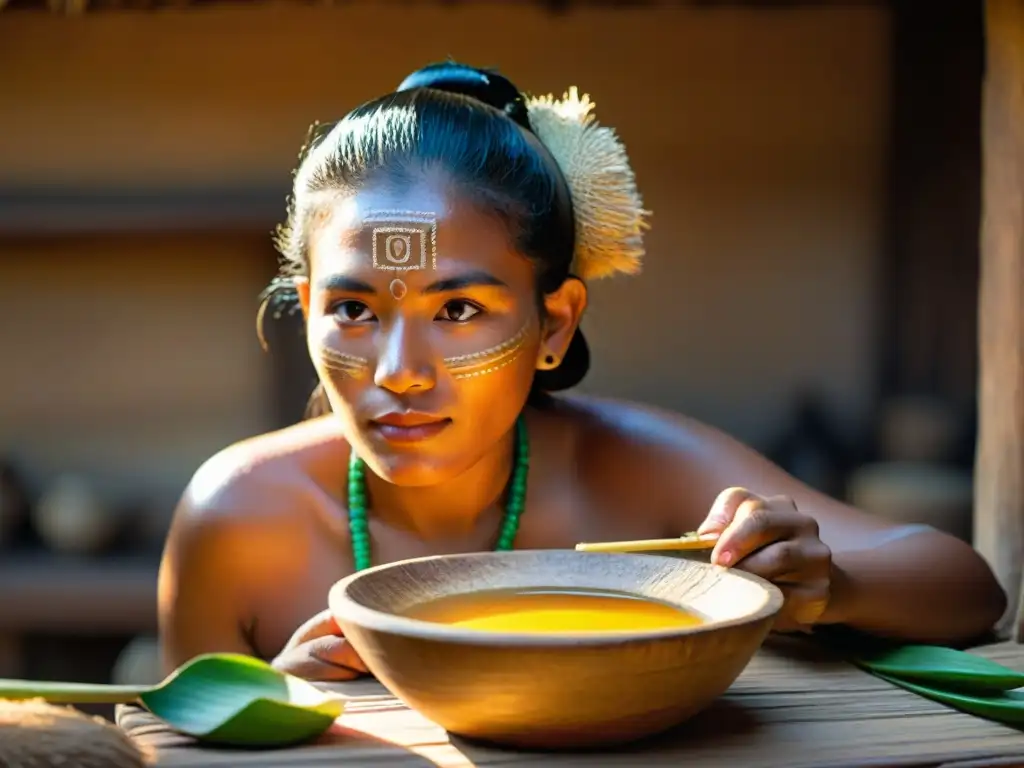 Una mujer maya elabora mascarilla facial con ingredientes naturales en cocina tradicional, resaltando la historia de belleza ancestral