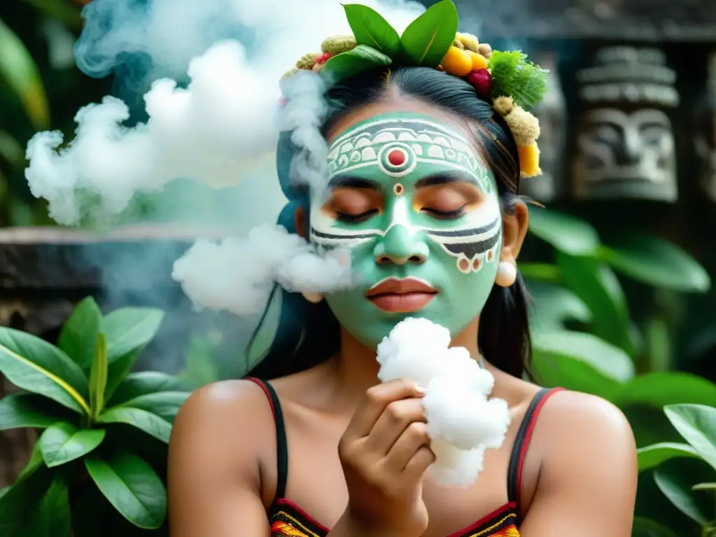 Una mujer maya aplica mascarilla natural rodeada de ruinas antiguas y vegetación exuberante, en un ritual ancestral de belleza