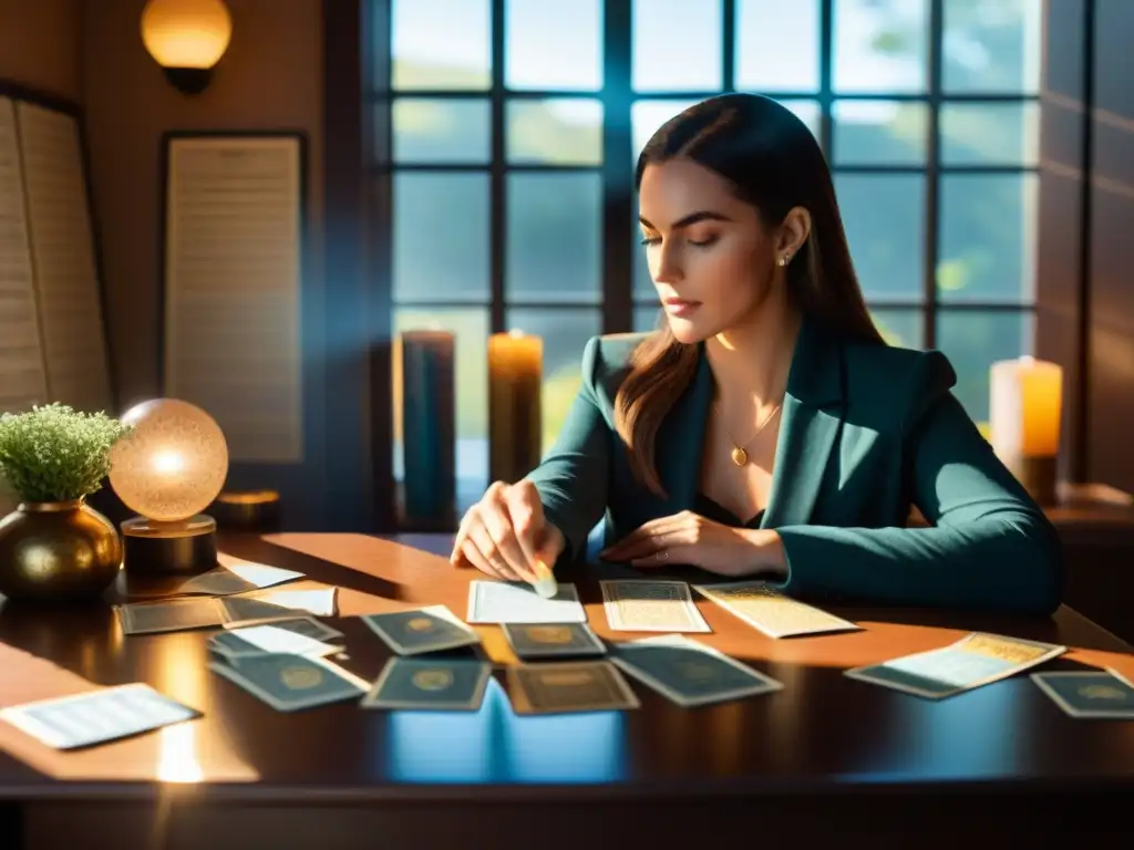 Mujer profesional consultando el Tarot en su oficina moderna Mujer profesional en oficina con Tarot en decisiones importantes