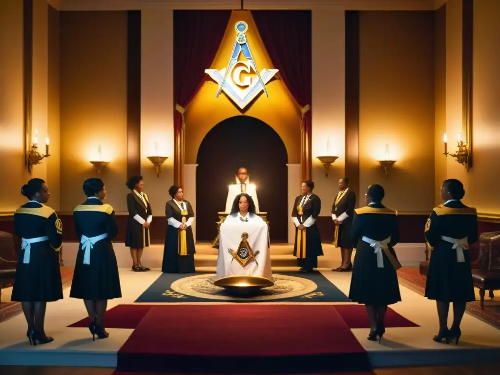 Mujeres en la Masonería historia: Grupo de mujeres diversas en regalia masónica, en ceremonia solemne dentro de una logia ornamentada