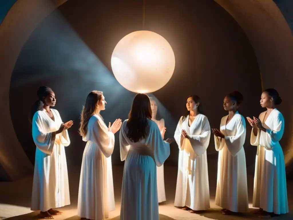 Mujeres de la Sociedad Vril en círculo, manos alzadas hacia orbe de luz