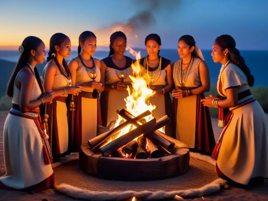 Mujeres en sociedades secretas realizando ritual alrededor del fuego sagrado, en un momento espiritual y empoderador