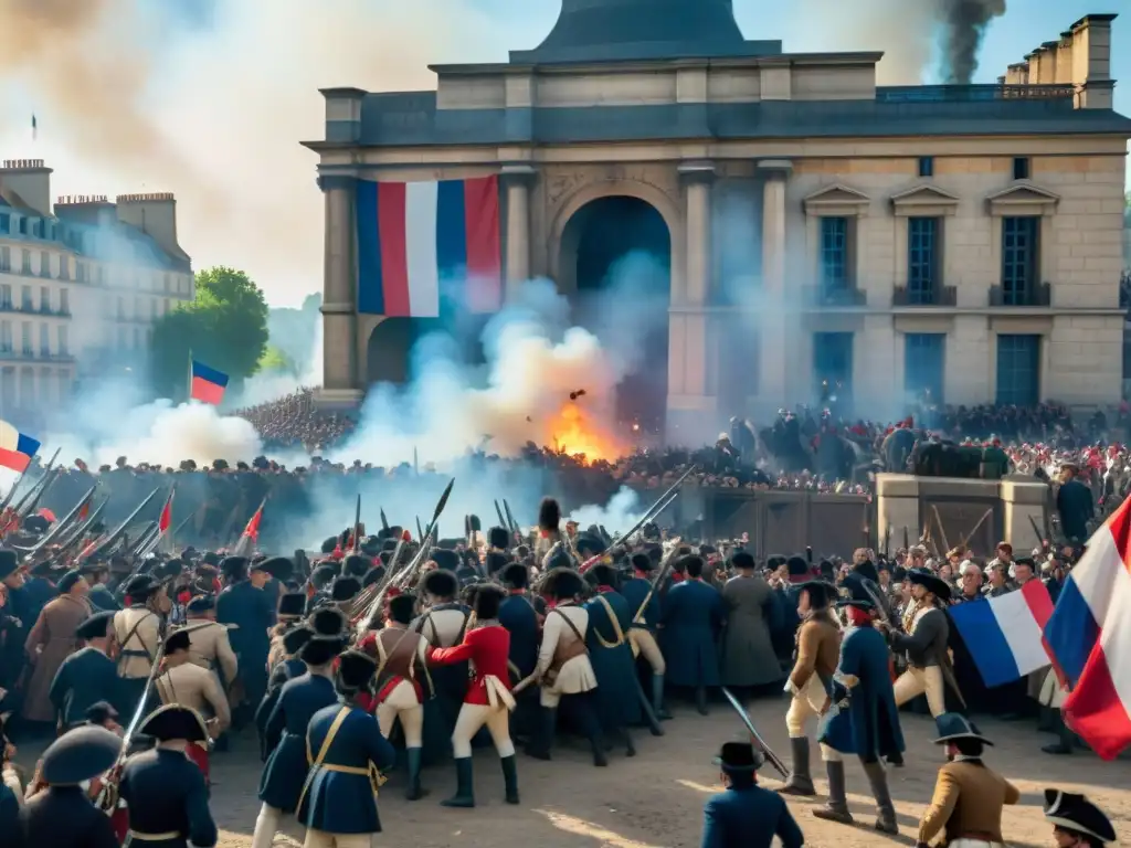 Multitud revolucionaria toma La Bastilla durante la Revolución Francesa, caos y fervor en la escena histórica