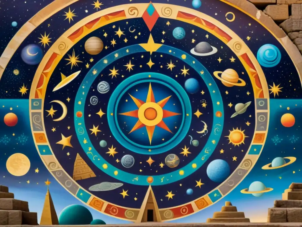 Mural antiguo con símbolos astronómicos y criaturas míticas entrelazadas en colores vibrantes en una pared de piedra desgastada