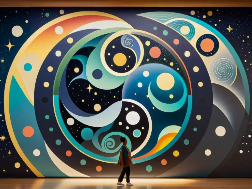 Mural antiguo con símbolos de equilibrio en arte, yin y yang entrelazados en danza cósmica vibrante