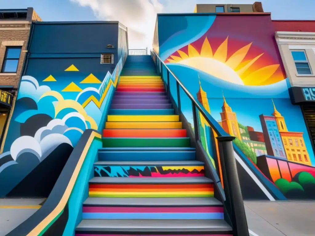 Un mural callejero vibrante muestra una escalera surrealista ascendente, con grafitis coloridos y motivos simbólicos