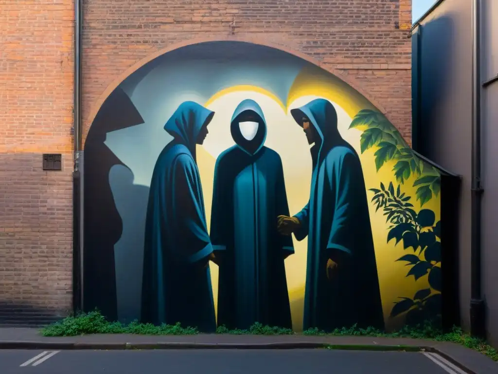 Mural en callejón oscuro con figuras en secreto, juego de luces y sombras