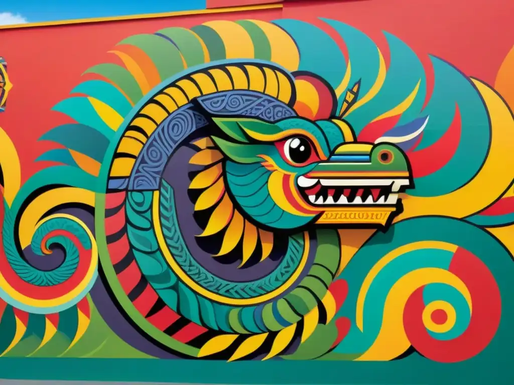 Quetzalcóatl: fusión cultural en mural vibrante Un mural intrincado de Quetzalcóatl, deidad serpiente emplumada, fusionando símbolos mesoamericanos con arte contemporáneo