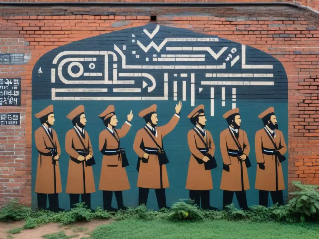 Un mural intrincado de revolucionarios comunicándose en secreto, con mensajes codificados y símbolos en una pared de ladrillo