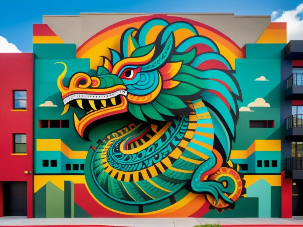 Quetzalcoatl: fusión mítica y urbana en mural colorido Un mural intrincado que fusiona símbolos mesoamericanos con arte contemporáneo, mostrando a Quetzalcoatl entre rascacielos