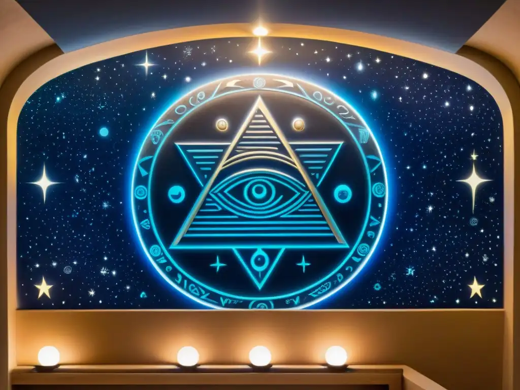 Mural misterioso de símbolos antiguos y constelaciones, iluminado por luces estrelladas en un cielo cósmico