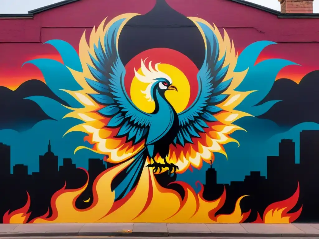 Un mural urbano vibrante muestra un fénix emergiendo del caos con detalles de fuego