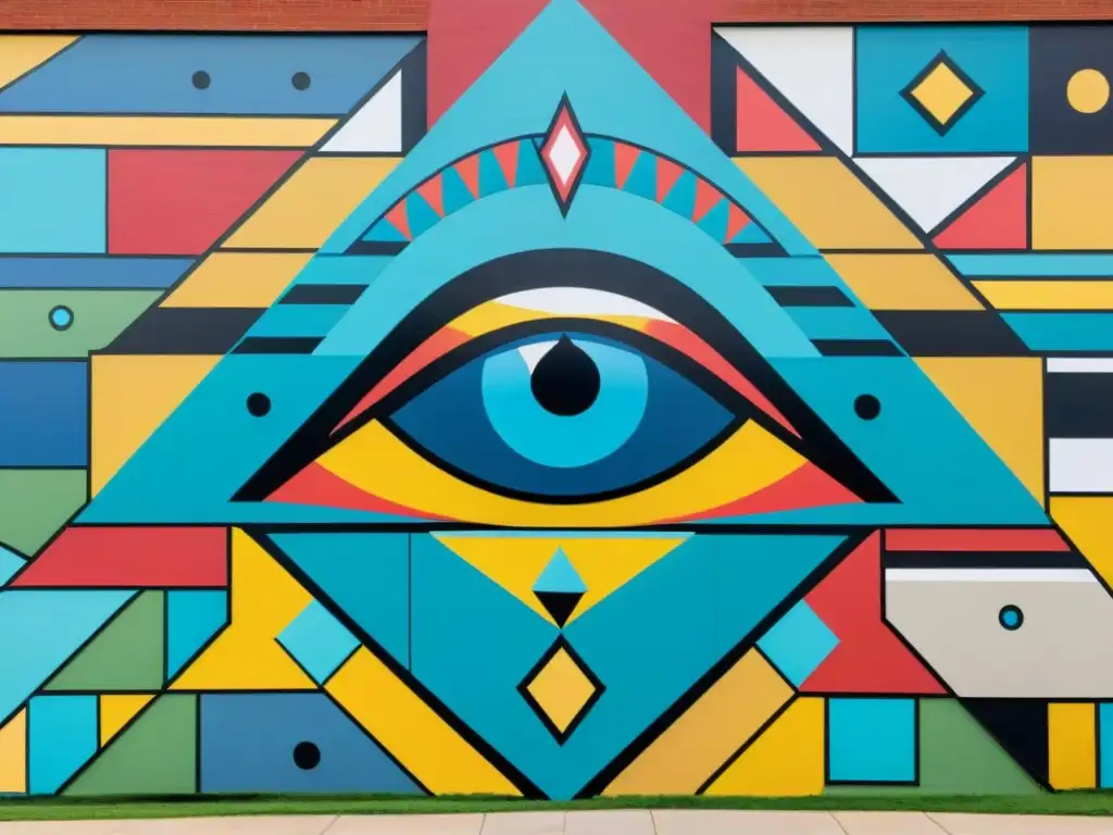 Un mural urbano vibrante con símbolos masónicos en arte moderno