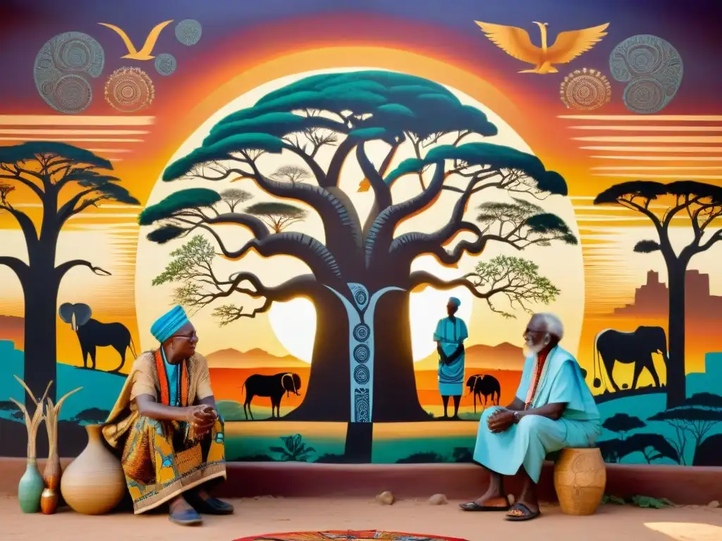 Mural vibrante de ancianos africanos en profunda conversación, rodeados de símbolos y patrones místicos