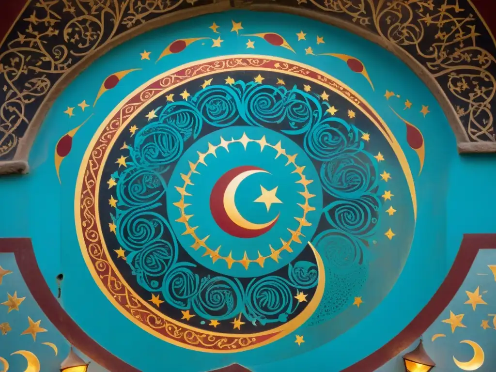 Mural sagrado: arte y espiritualidad en el cemevi aleví Mural vibrante en cemevi aleví en Anatolia con símbolos sagrados y caligrafía, iluminado por lámparas de aceite