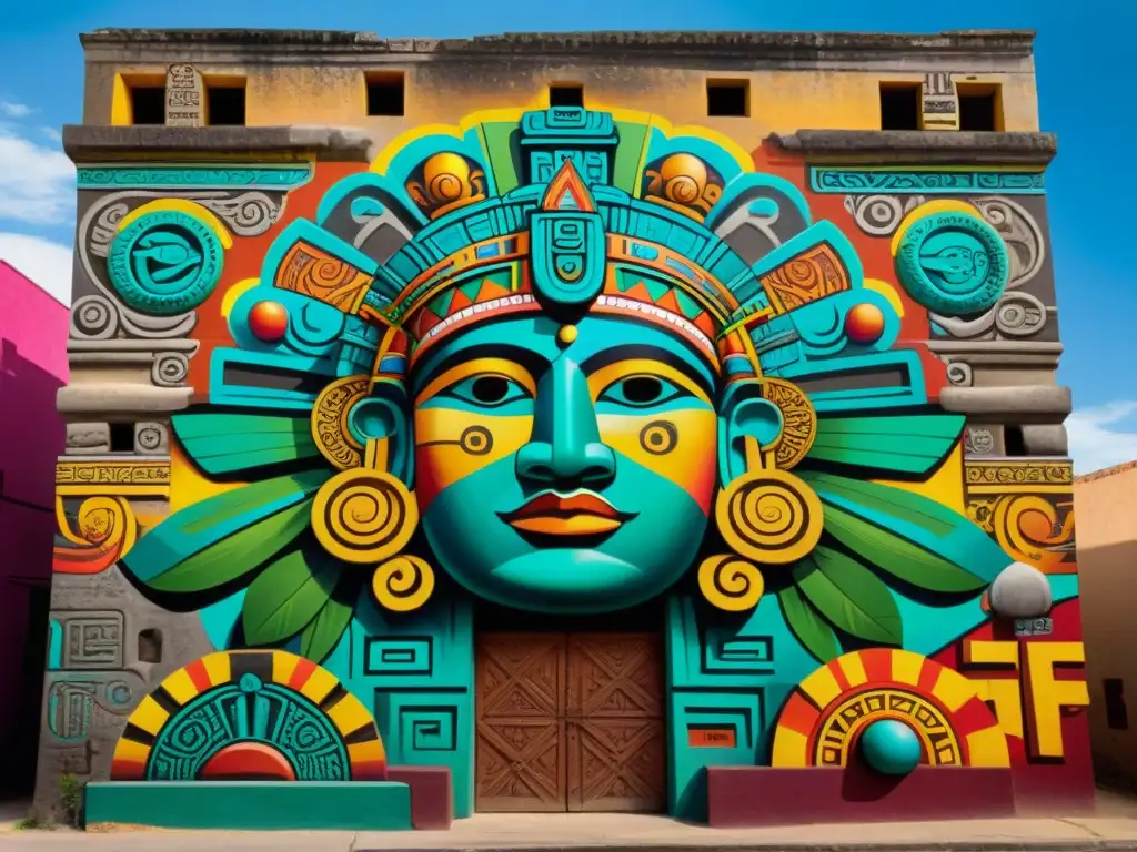 Un mural vibrante y elaborado en un edificio desgastado, fusionando símbolos mayas y arte urbano