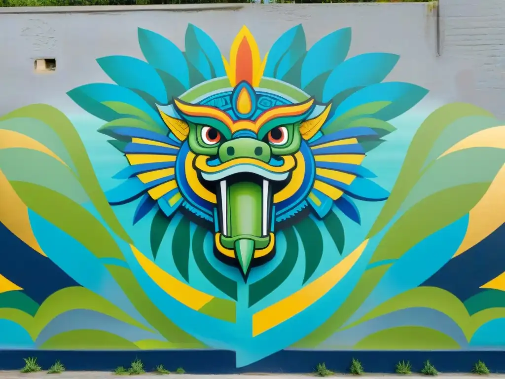 Mural vibrante de Quetzalcoatl: fusión urbana y mitológica Un mural vibrante que fusiona símbolos mesoamericanos con arte contemporáneo en una representación moderna de Quetzalcoatl