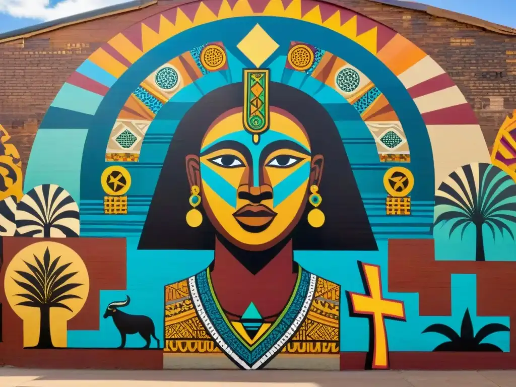 Un mural vibrante de símbolos y patrones africanos en una calle de la ciudad