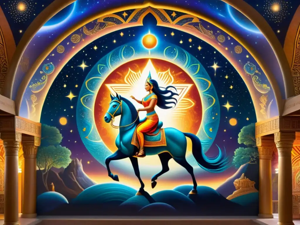 Mural vibrante en templo antiguo: seres celestiales montan merkabahs luminosos en paisaje cósmico