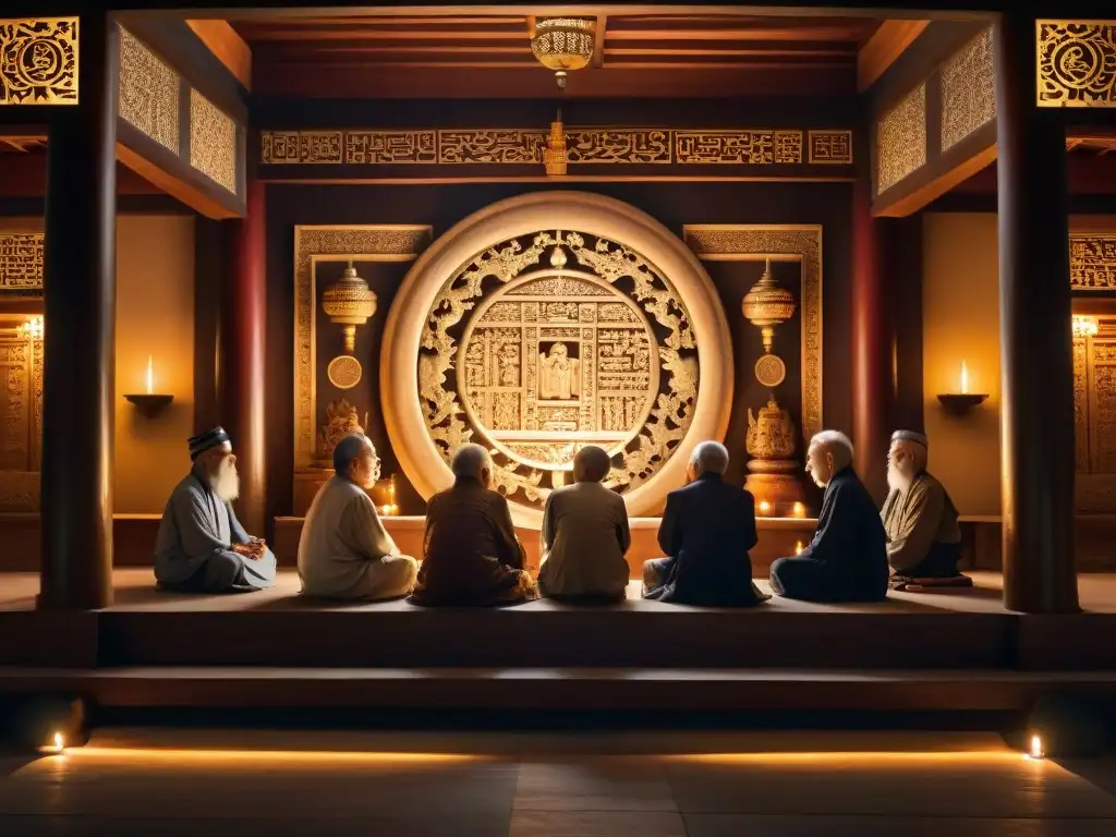 Conclave ancestral: sabiduría y misterio en un templo asiático Murales de sabiduría ancestral: ancianos de diferentes culturas asiáticas en discusión en un templo iluminado por velas