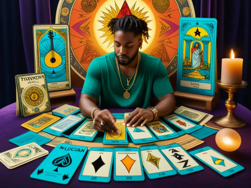 Un músico rodeado de cartas del tarot con símbolos musicales, inspirándose en un ambiente místico