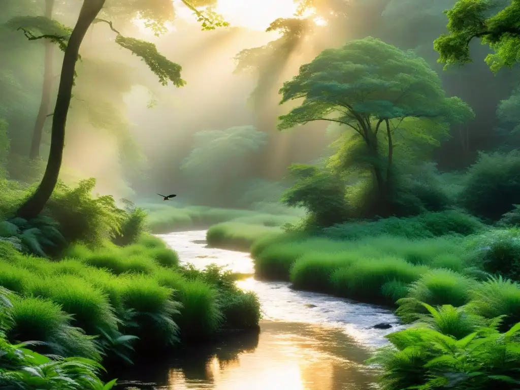 Conexión con la naturaleza: bosque sereno al amanecer, con luz dorada filtrándose entre el dosel verde y un arroyo tranquilo