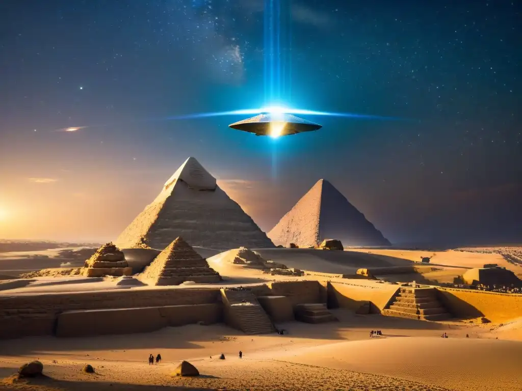 Una nave espacial futurista ilumina las pirámides de Egipto con una luz misteriosa