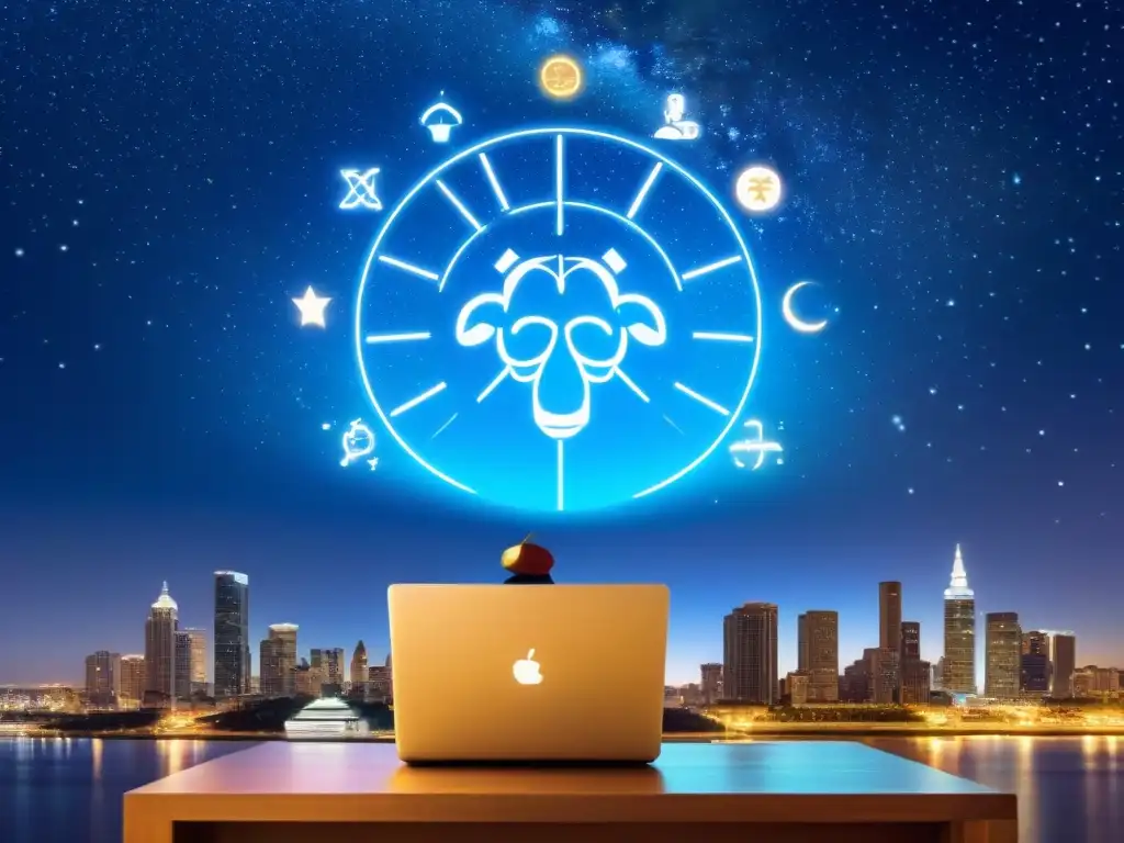 Descubre tu negocio ideal según signo zodiaco en detallada imagen con elementos representativos y cielo estrellado