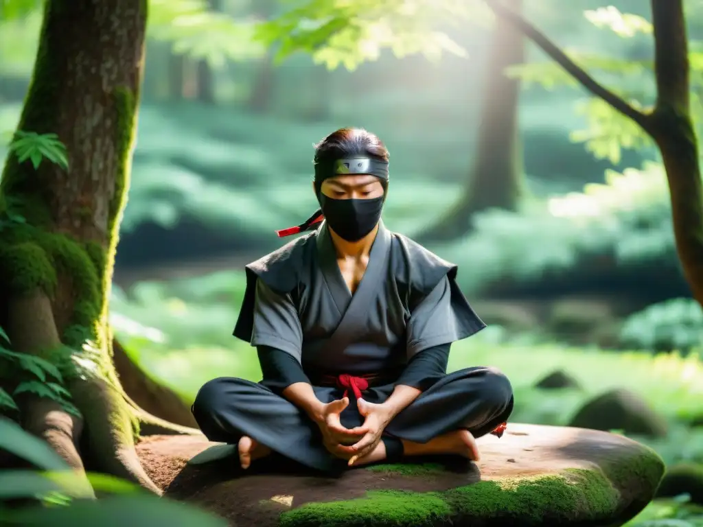 Ninja en meditación profunda en el bosque, demostrando técnicas de control mental