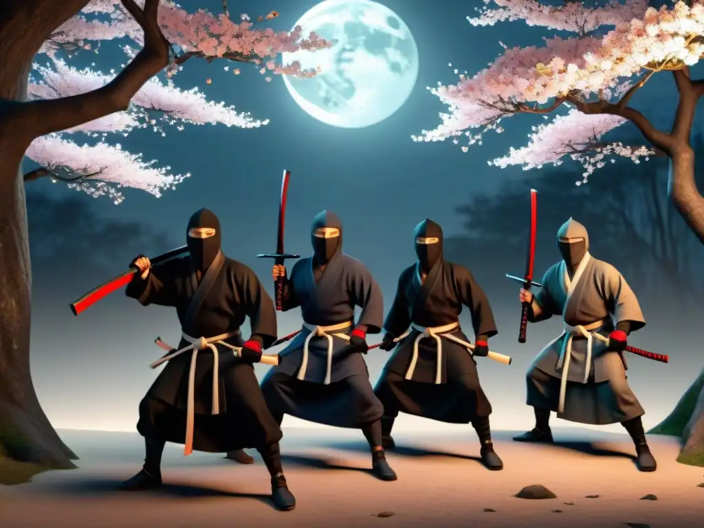 Intrépidos ninjas japoneses se deslizan sigilosamente entre cerezos en flor en un bosque iluminado por la luna