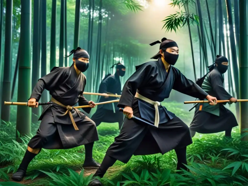 Intrépidos ninjas japoneses en la densa selva de bambú de noche, reflejando la Influencia de los Ninja japoneses