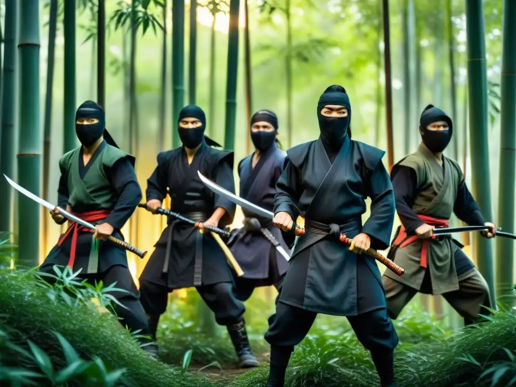 Intrépidos ninjas japoneses cruzando sigilosamente un denso bosque de bambú de noche, mostrando la influencia de los Ninja japoneses