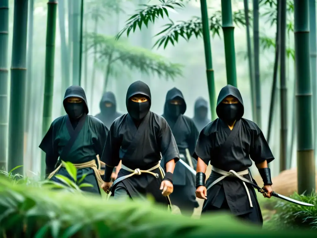 Intrépidos ninjas japoneses se deslizan en sigilo por un denso bosque de bambú, con sus rostros parcialmente ocultos por las sombras de sus capuchas