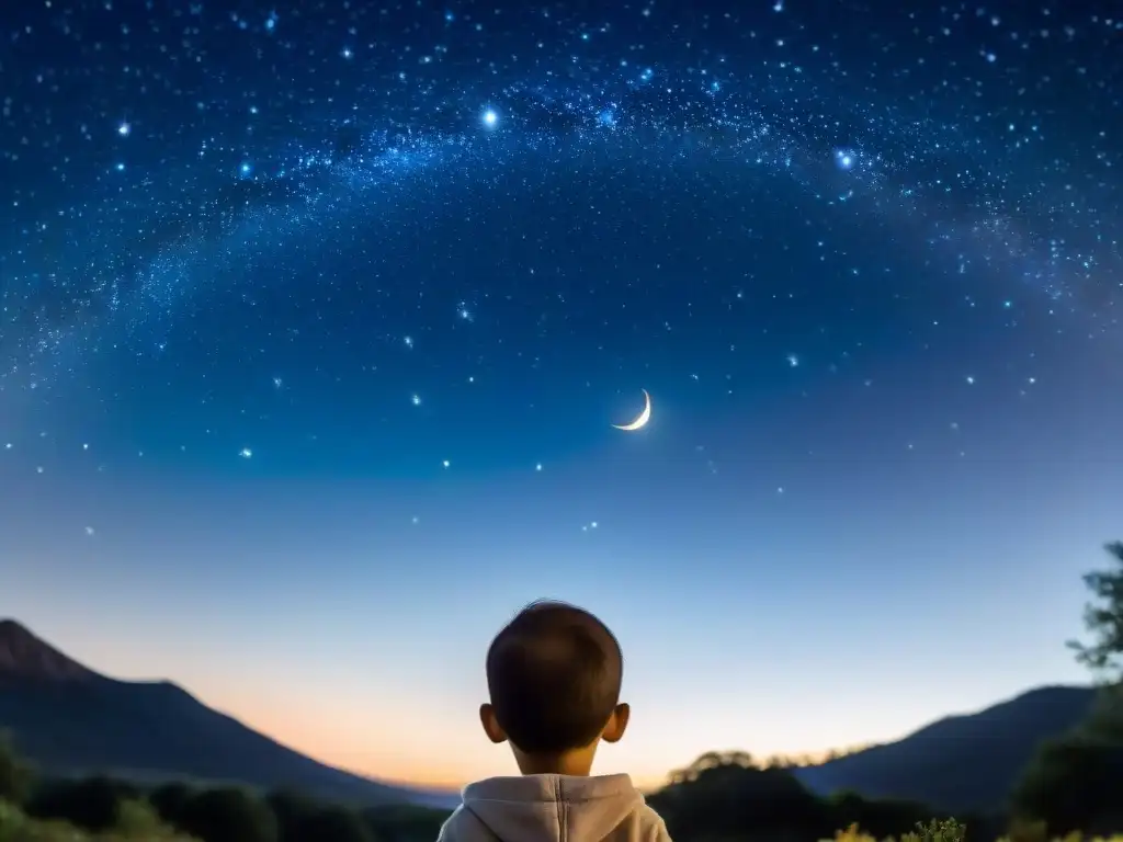 Un niño contempla su signo zodiacal en el cielo nocturno, iluminado por la luna