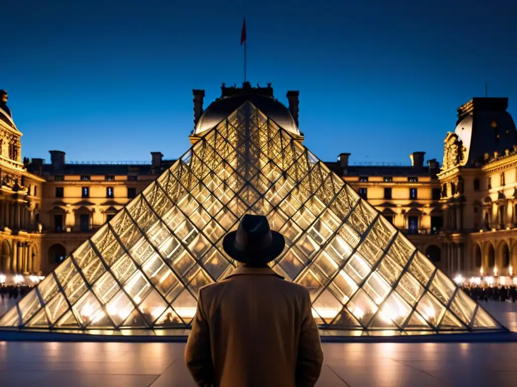 En la noche de París, una figura misteriosa contempla la Pirámide del Louvre