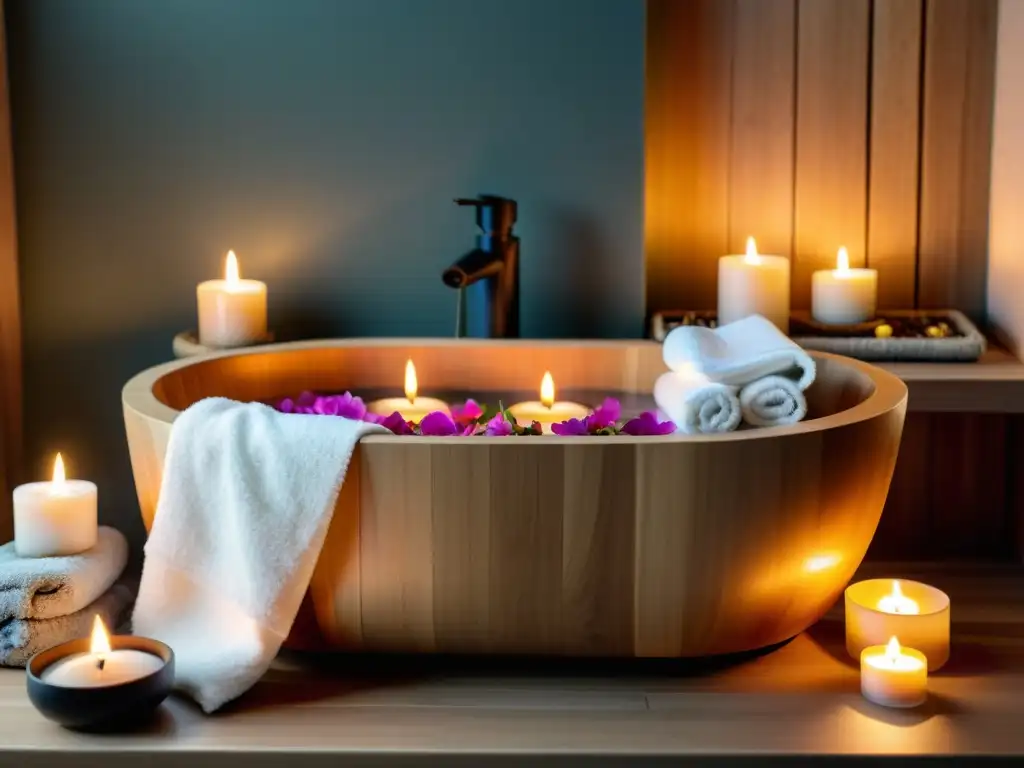 Baño de spa relajante con velas y flores aromáticas en bañera de madera Un oasis de relajación con bañera de madera, velas y flores aromáticas