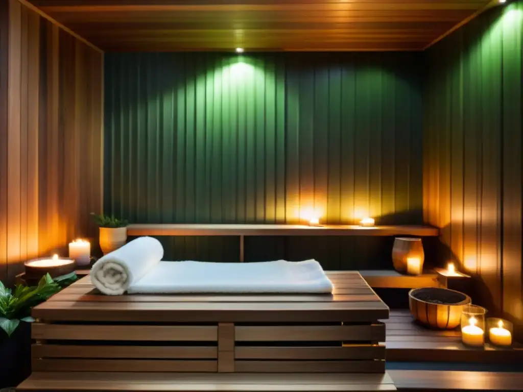 Retiro de bienestar: bañoterapia en sauna de madera Un oasis de relajación con sauna de madera, velas y toallas en un spa