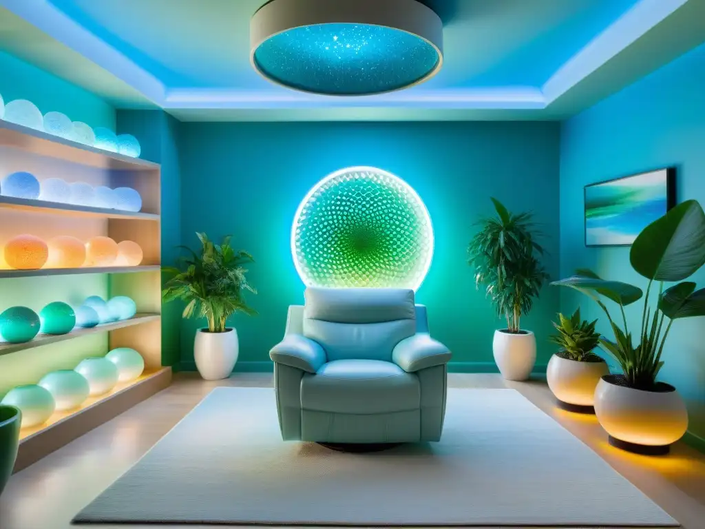 Un oasis de sanación futurista con Terapia de Color para mejorar, lleno de luz natural y elementos vibrantes